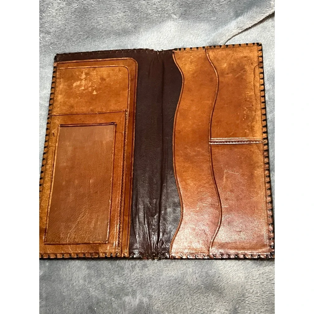 Vintage Tooled Leather Checkbook Wallet Southwest Cactus Aztec Design